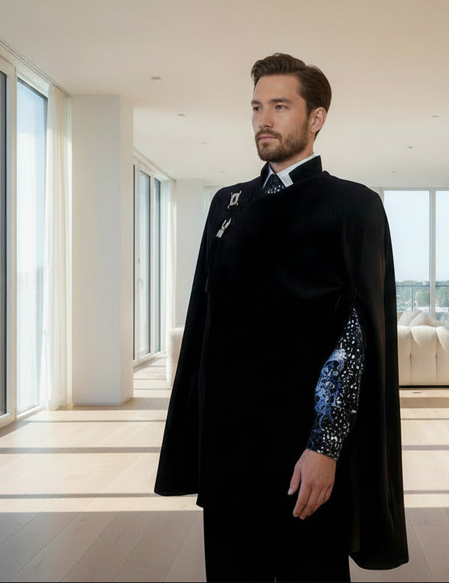 Stacy Stewart Smith Men's Suede Paris Opera Cape on mannequin 6'3" frontal view with arm through opening.