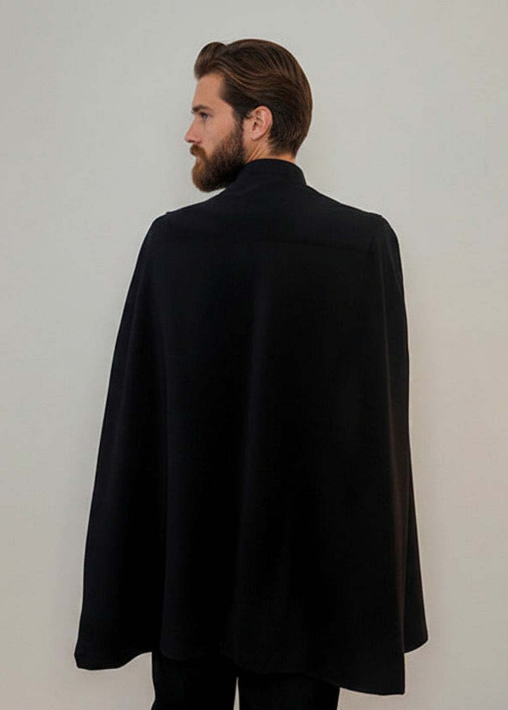 Stacy Stewart Smith Men's Suede Paris Opera Cape on mannequin 6'3" back view.