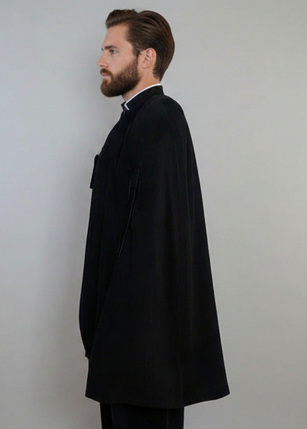 Stacy Stewart Smith Men's Suede Paris Opera Cape on mannequin 6'3" side view.