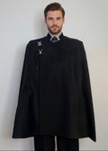Stacy Stewart Smith Men's Onyx Suede Paris Opera Cape on mannequin 6'3" frontal view.