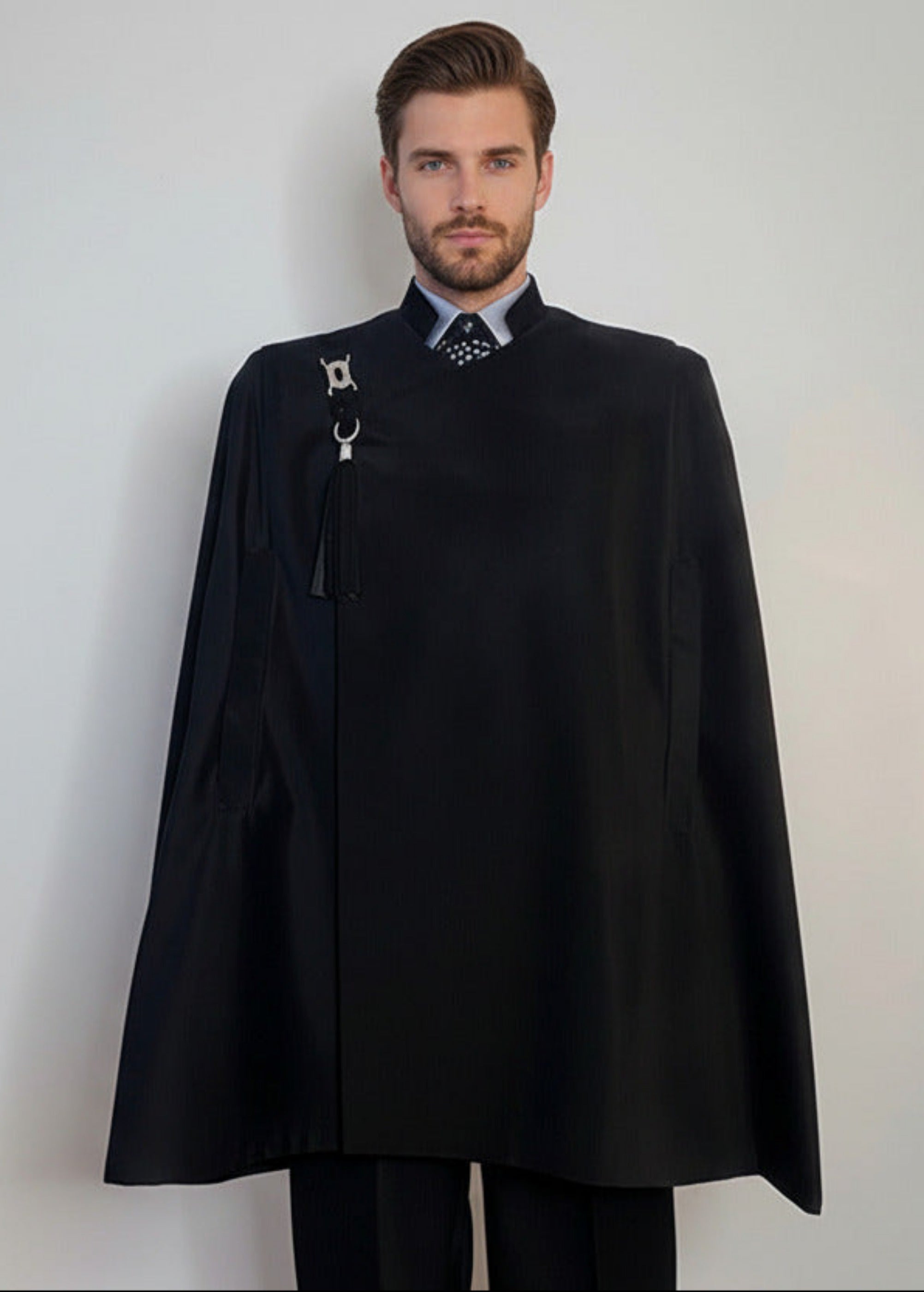 Stacy Stewart Smith Men's Onyx Suede Paris Opera Cape on mannequin 6'3" frontal view.