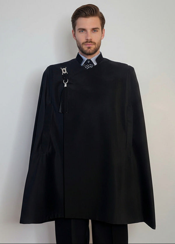 Stacy Stewart Smith Men's Onyx Suede Paris Opera Cape on mannequin 6'3" frontal view.
