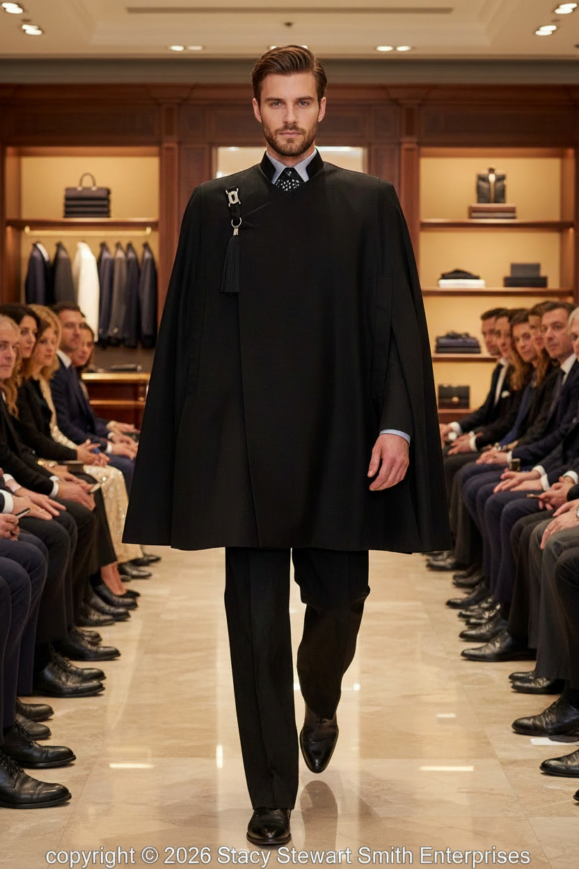 Stacy Stewart Smith Onyx Paris Opera cape in pigskin suede on a mannequin 6'3" walking in a retail fashion show with spectators seated.