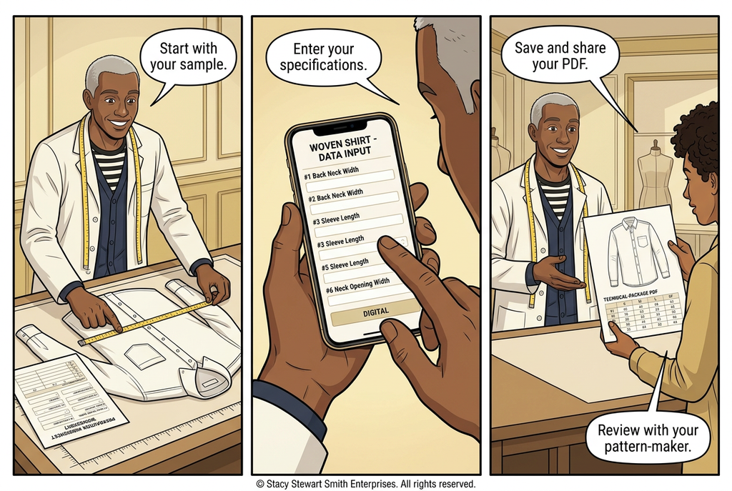 A three-panel comic strip shows a tailoring workshop scene with two people and a smartphone screen. The panels depict measuring fabric, entering woven shirt data into a phone app, and reviewing a pattern PDF. © Stacy Stewart Smith Enterprises. 
All rights reserved.