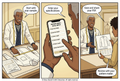 A three-panel comic strip shows a tailoring workshop scene with two people and a smartphone screen. The panels depict measuring fabric, entering woven shirt data into a phone app, and reviewing a pattern PDF. © Stacy Stewart Smith Enterprises. 
All rights reserved.