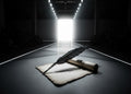Stacy Stewart Smith Menswear Couture Reformation image for Atelier Quarterly, vol. II, shows a black feather quill resting on an aged, torn parchment scroll, with a rolled scroll beneath, on a dark runway floor, with a bright white light glowing at the far end of a dark hall.