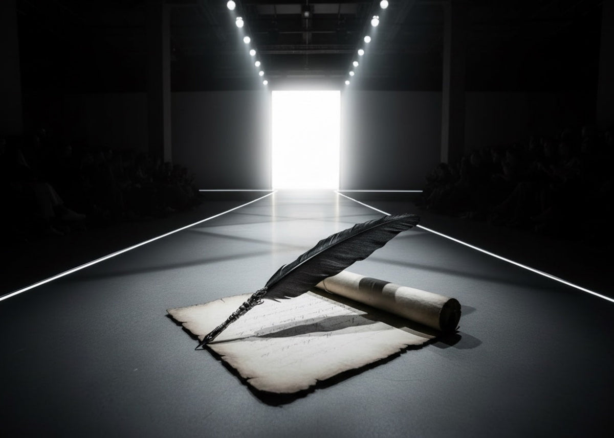 Stacy Stewart Smith Menswear Couture Reformation image for Atelier Quarterly, vol. II, shows a black feather quill resting on an aged, torn parchment scroll, with a rolled scroll beneath, on a dark runway floor, with a bright white light glowing at the far end of a dark hall.