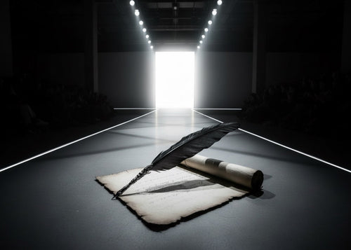 Stacy Stewart Smith Menswear Couture Reformation image for Atelier Quarterly, vol. II, shows a black feather quill resting on an aged, torn parchment scroll, with a rolled scroll beneath, on a dark runway floor, with a bright white light glowing at the far end of a dark hall.