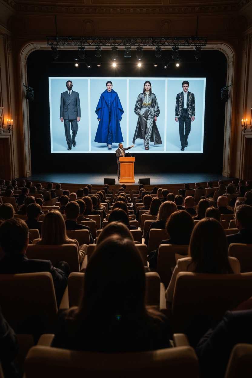 A large auditorium filled with seated audience members facing a stage where a presenter stands behind a podium in front of a giant screen showing four fashion models in formal and long coats.