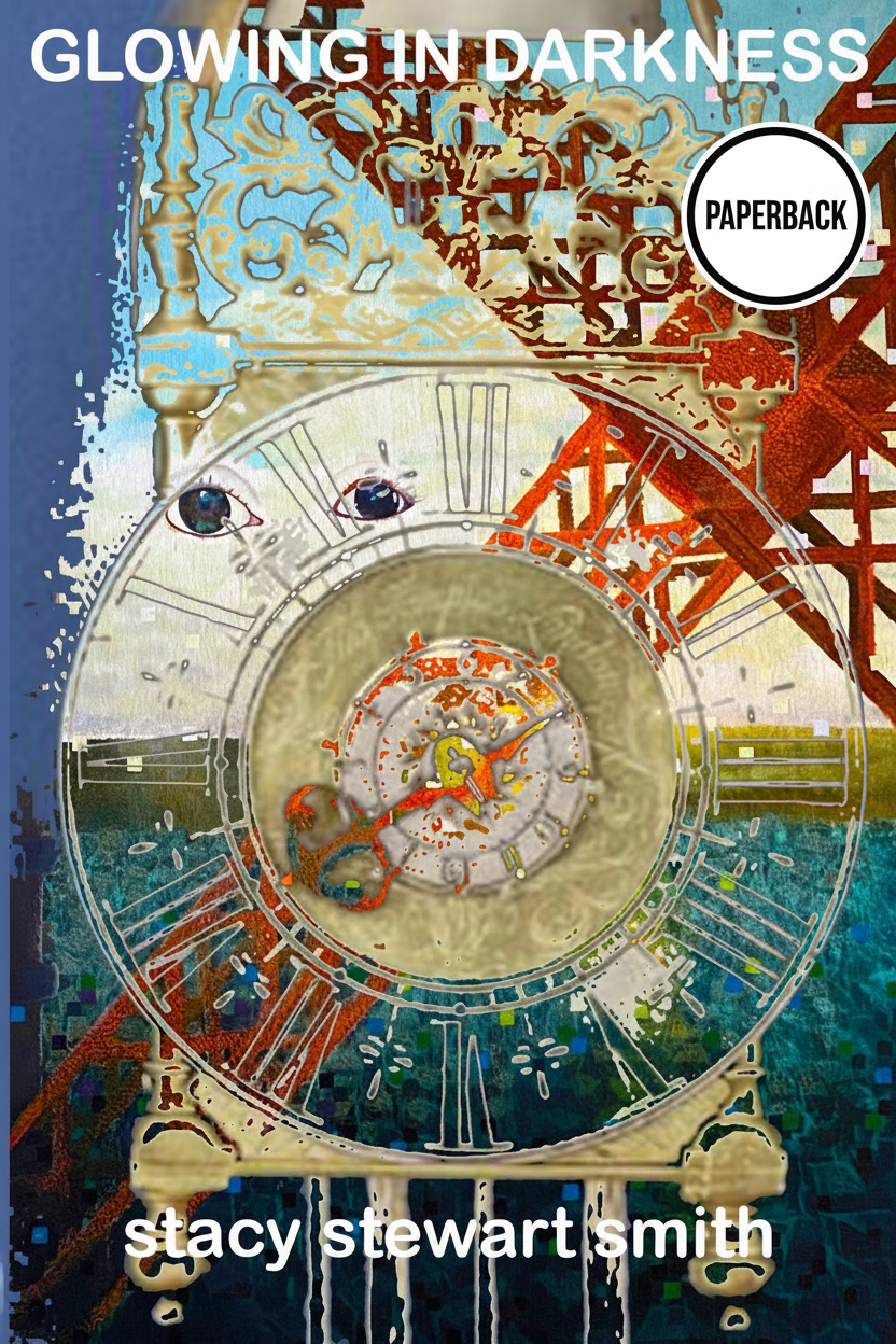 The paperback book cover Glowing in Darkness — A novel by Stacy Stewart Smith shows a montage of an antique gold anniversary clock and a painting with a colorful pixelated and paint daub surface and a rust structure on an angle like a cross. 