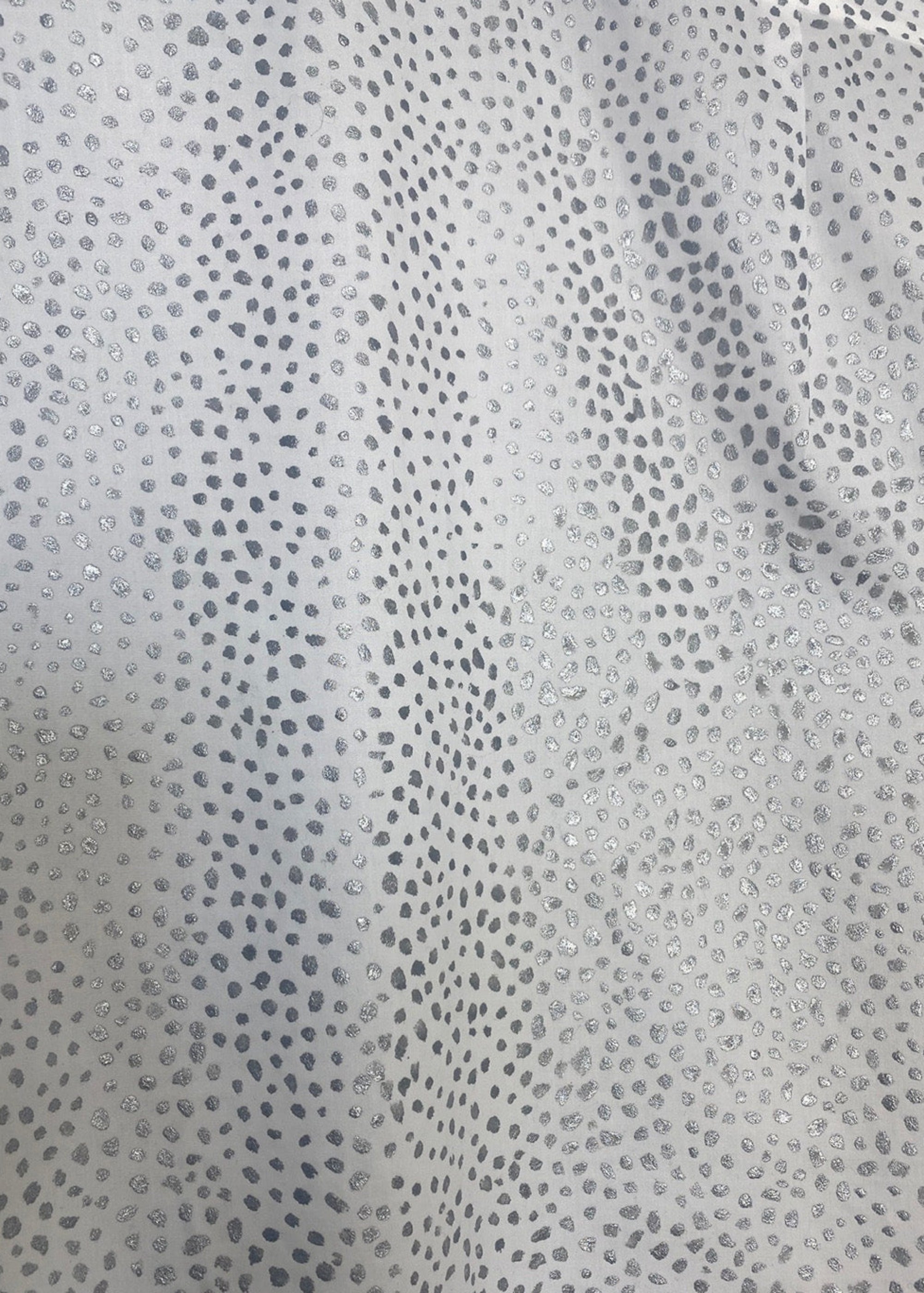 Stacy Stewart Smith Men's Silver Angels White Premium Cotton Percale Hand-Painted Shirt closeup of hand painted daubs in silver on white view.