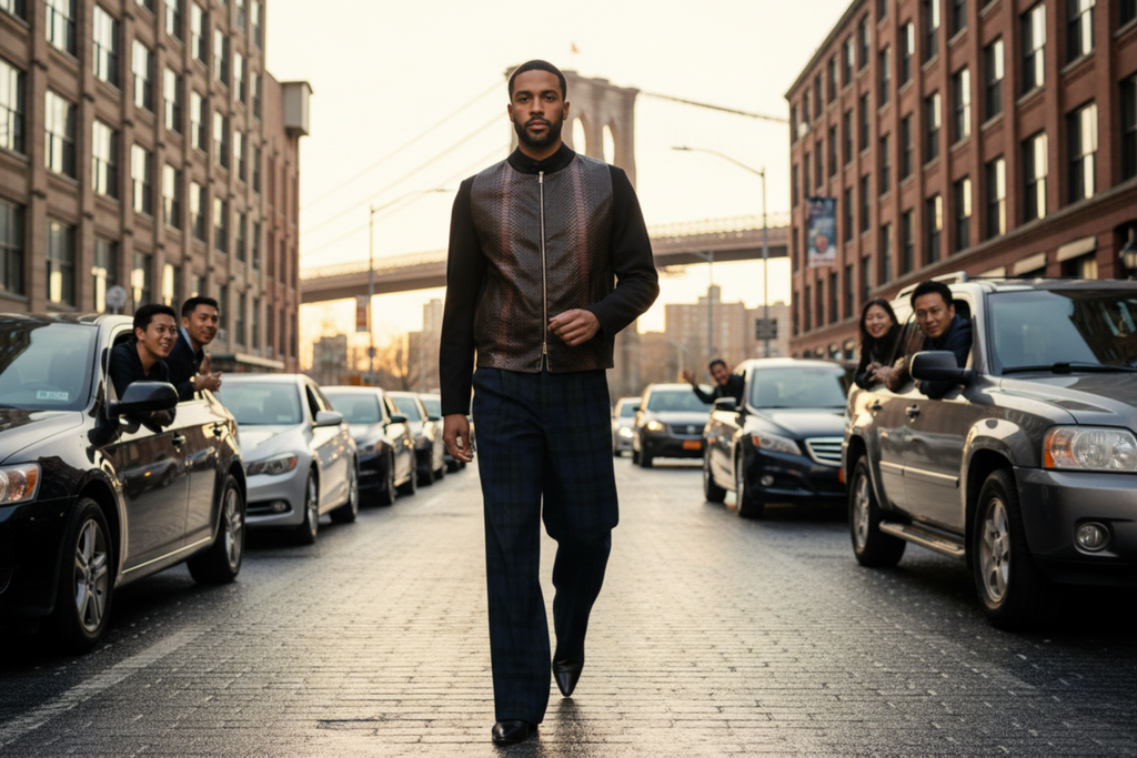 Kilt Reality — Brooklyn Street Crossing editorial scene — Stacy Stewart Smith's men's Harris Tweed® Pleated Windsor Pants on a mannequin 6'3" worn with the Stacy Stewart Smith Men's Python & Denim Bellhop Jacket walking in Dumbo area  with Brooklyn bridge behind and admirers looking from parked cars.