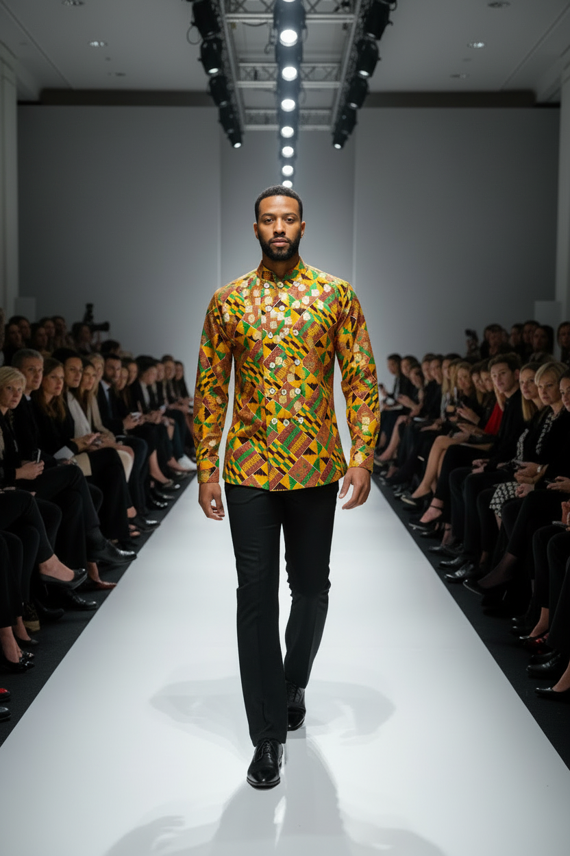 A male model walks down a fashion runway wearing a Stacy Stewart Smith Noble Kente long-sleeve high-neck shirt with a vibrant Kente cloth multicolor geometric pattern in yellow, green, orange, and red, paired with black trousers and black shoes. The runway is flanked by rows of seated spectators under bright overhead stage lights.