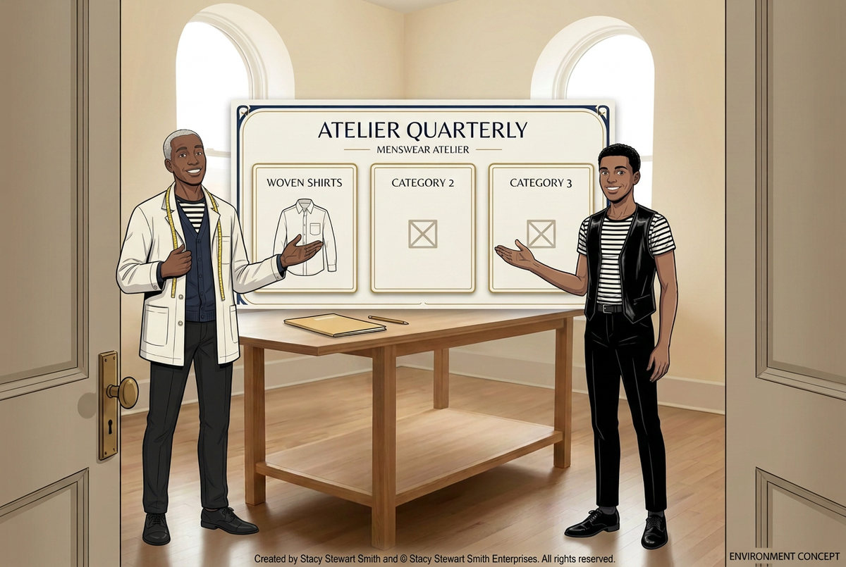 Older and younger Couture beside the atelier demonstration board