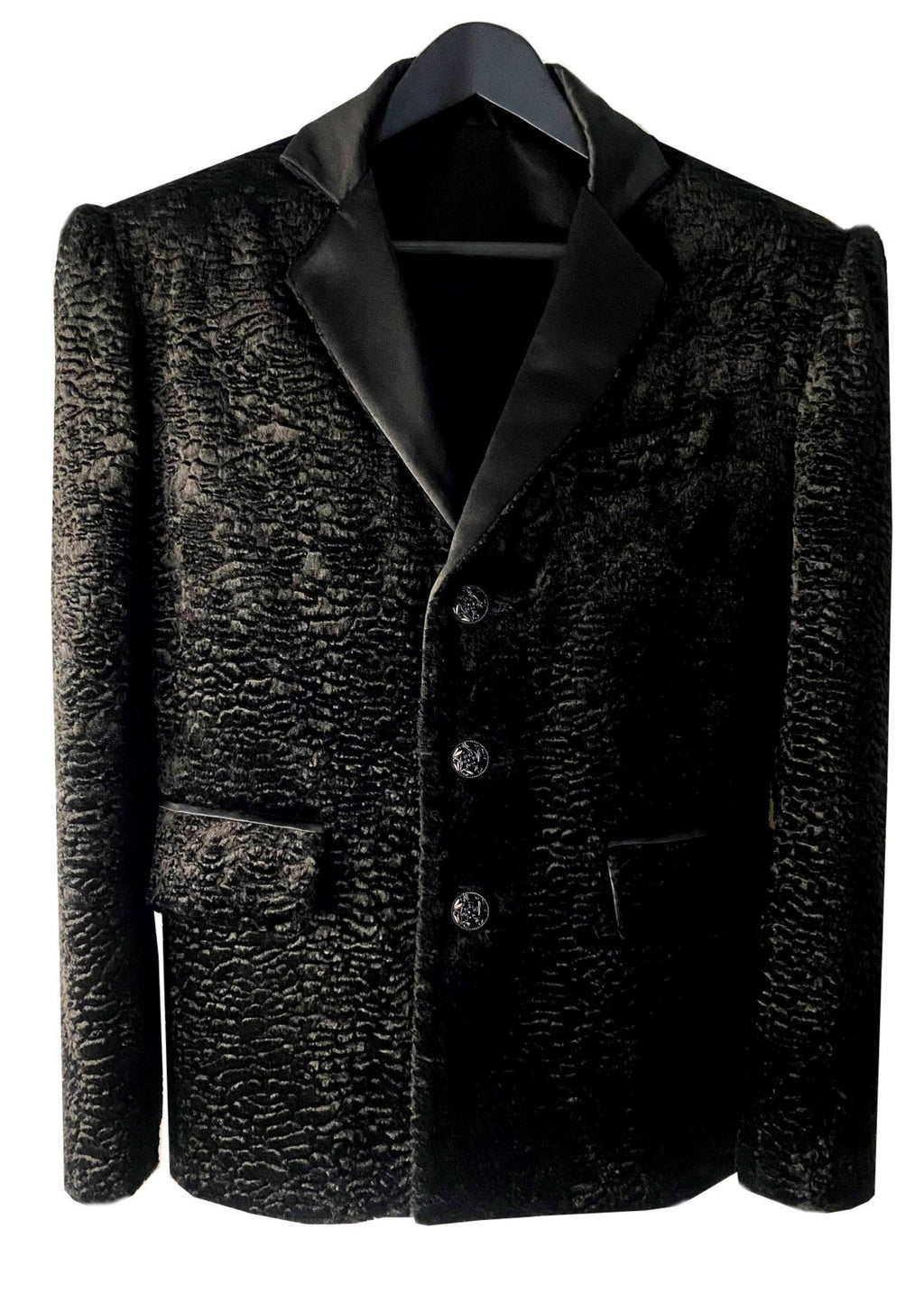 Stacy Stewart Smith Men's Faux Persian lamb Edwardian Abbreviated Tuxedo jacket, shown floating front view.