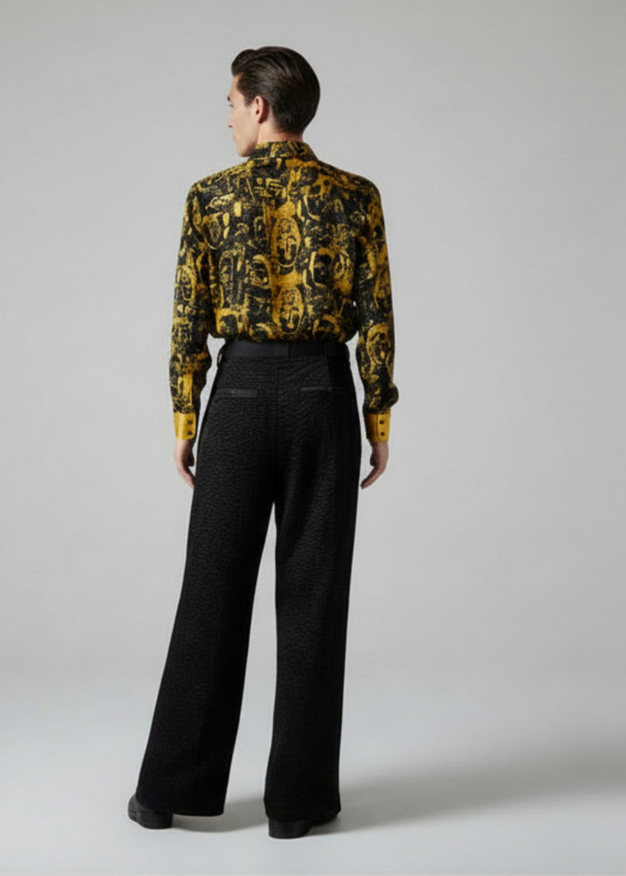 Stacy Stewart Smith Men's Faux Persian lamb pleated Windsor pants, back view shown on mannequin at 6'3