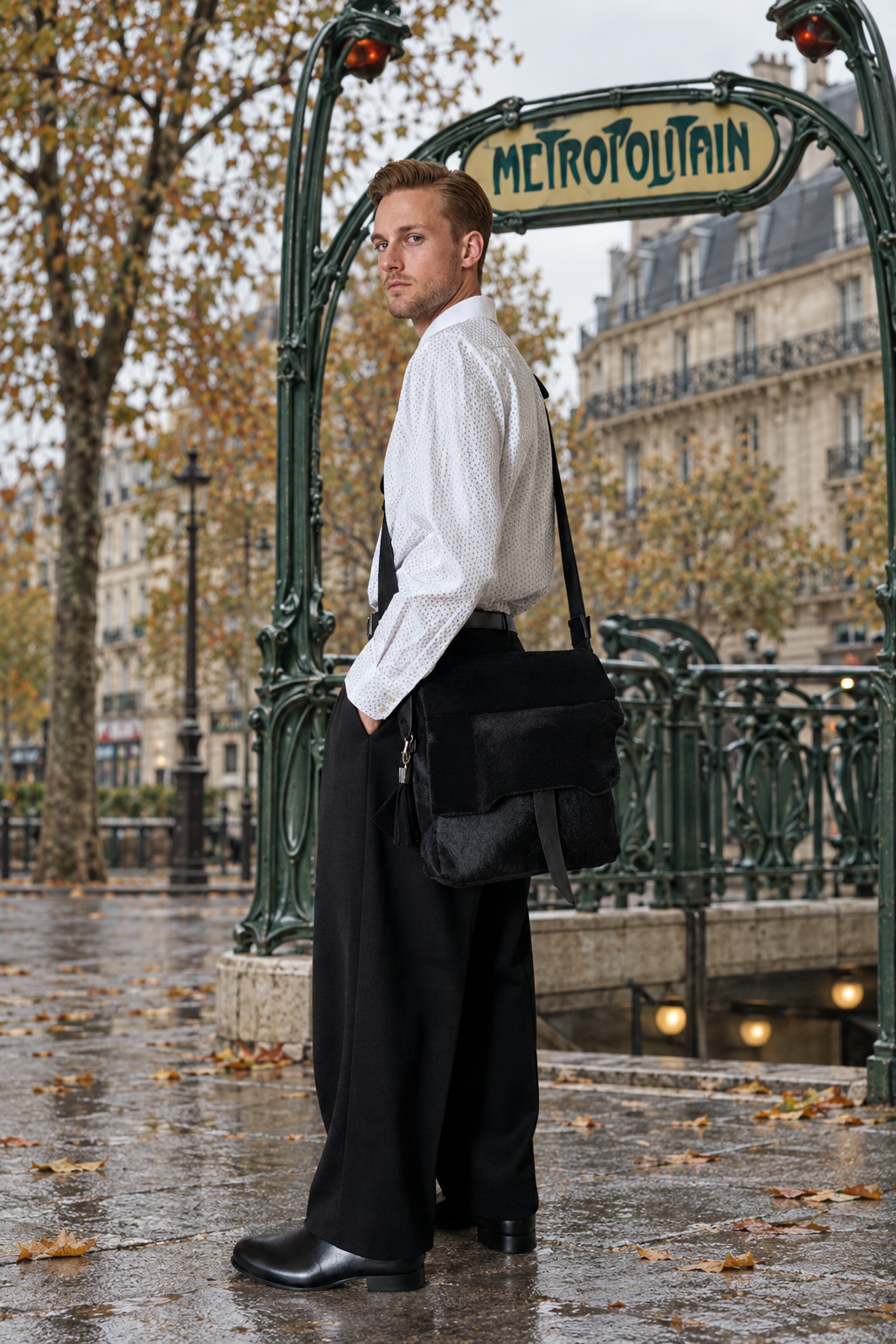 Powder Bag editorial at a Hector Guimard Paris Metro entrance in fall
