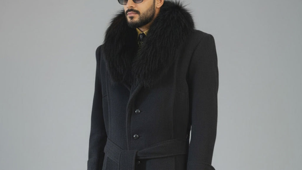 Men’s Harris Tweed Processional Greatcoat, detail film showing the black woven wool, raccoon collar, and tailored front.