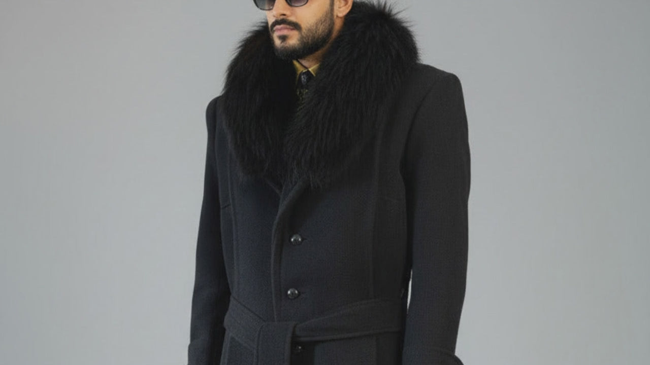 Men’s Harris Tweed Processional Greatcoat, detail film showing the black woven wool, raccoon collar, and tailored front.