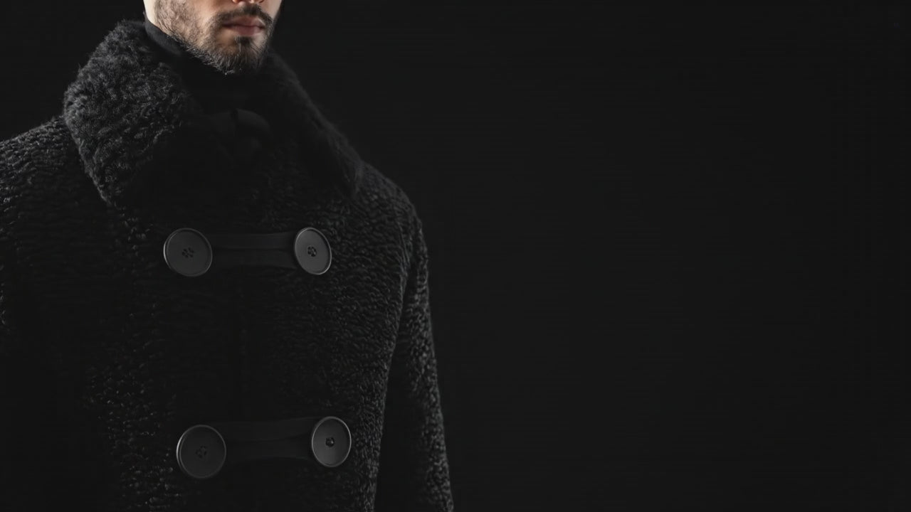 Close up video of Stacy Stewart Smith Men's Grand Soir Montmartre Persian Lamb Coat with Detachable Shearling Collar, shown front view on a mannequin at 6'3