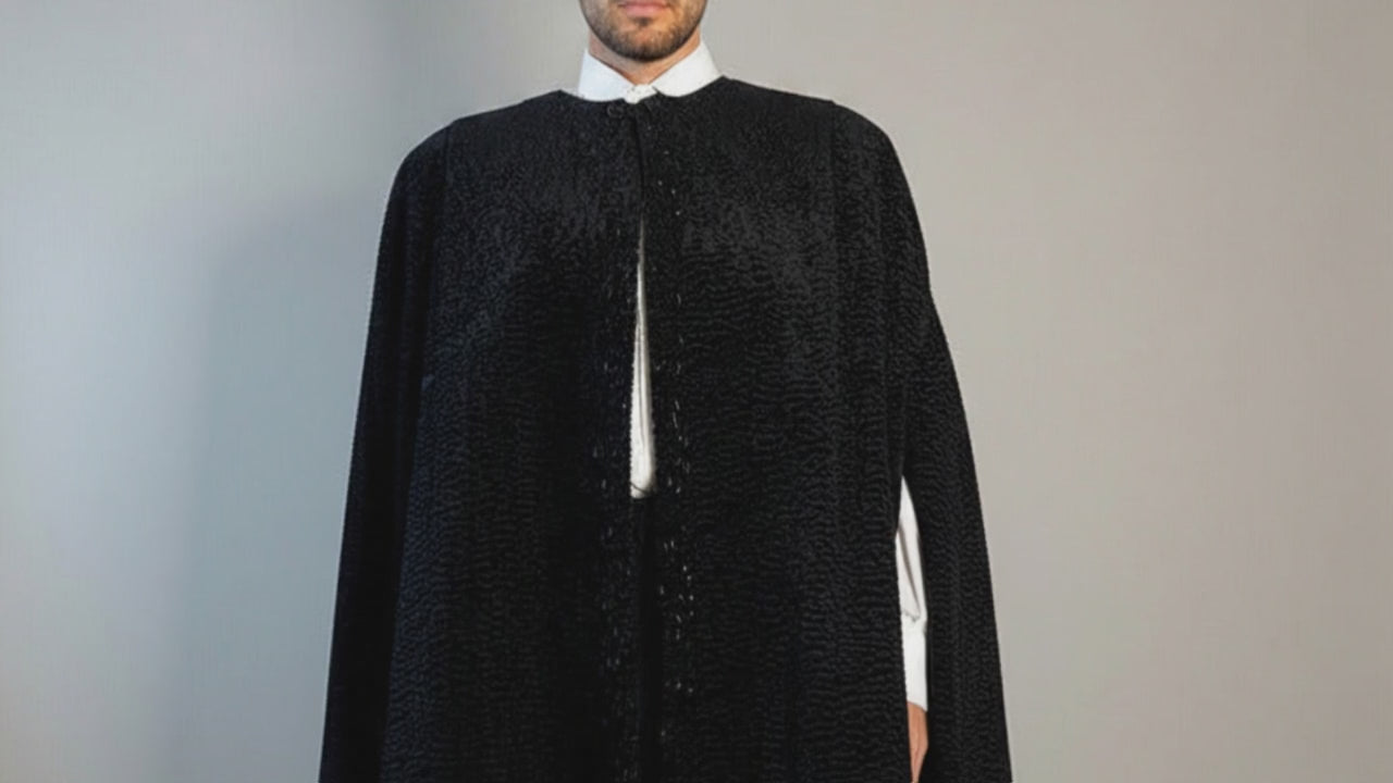 Men’s Grand Soir Palace Cape, close-up film of the neckline, front beadwork, and deep black textured pile.