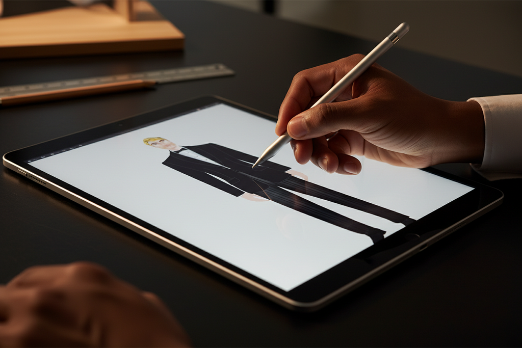 Stacy Stewart Smith Couture Design Service in action with original digital sketch by the designer.