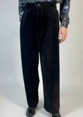 Stacy Stewart Smith Men's Onyx Suede Pleated Windsor Pants on a mannequin 6'3" frontal view with a gray backdrop.