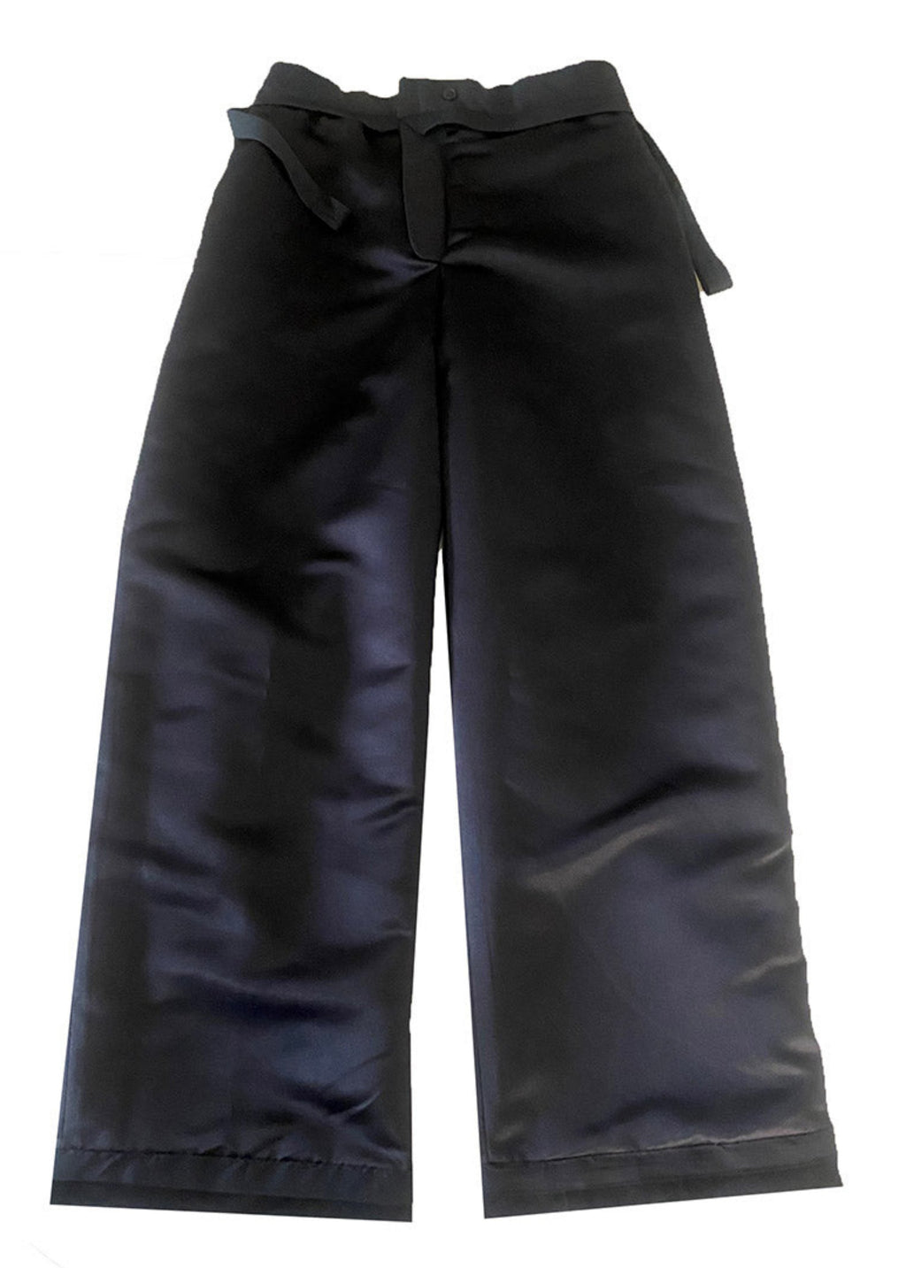 Stacy Stewart Smith Men's Suede Pleated Windsor Pants on a surface frontal inside lining view with a white backdrop.