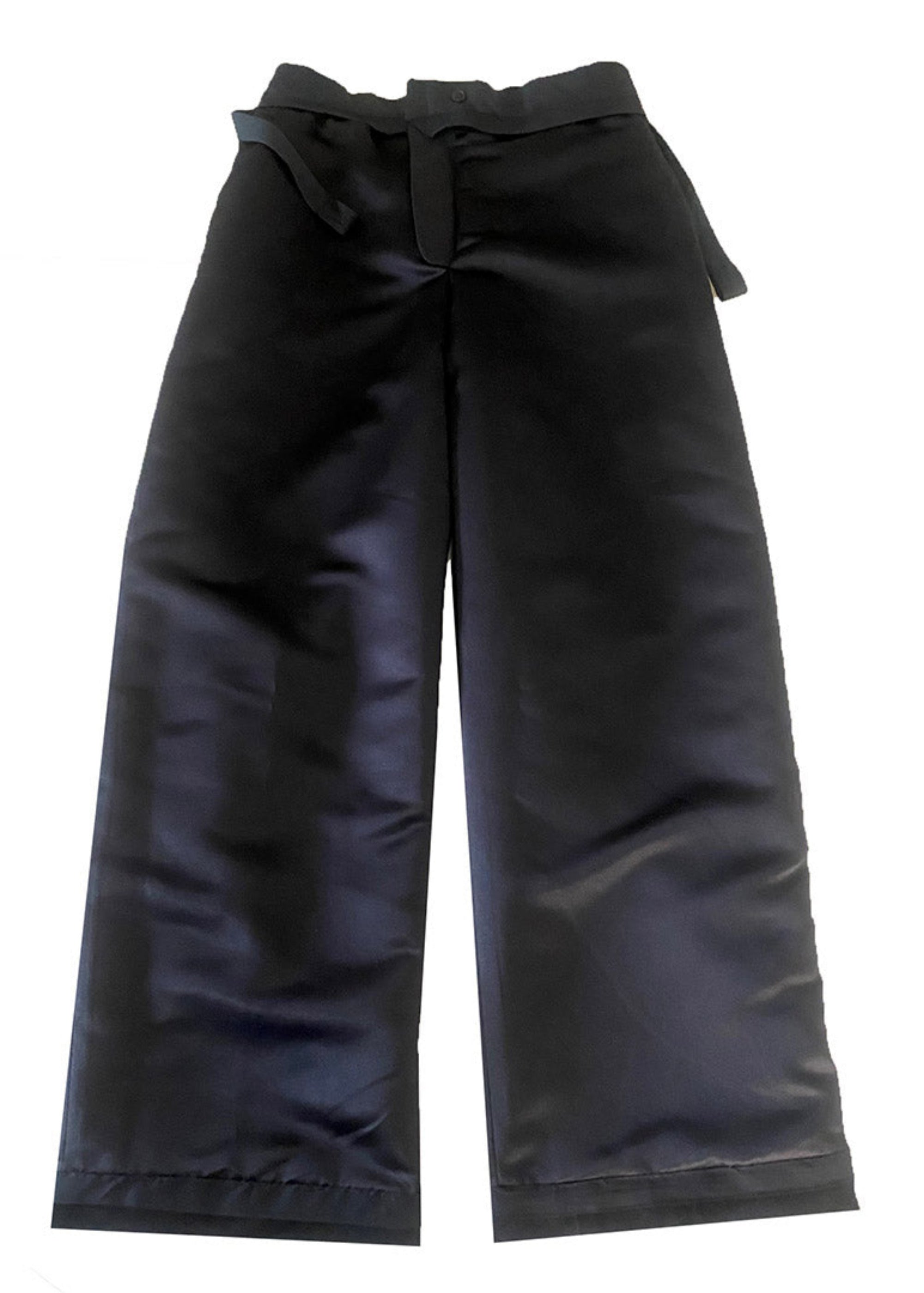 Stacy Stewart Smith Men's Suede Pleated Windsor Pants on a surface frontal inside lining view with a white backdrop.