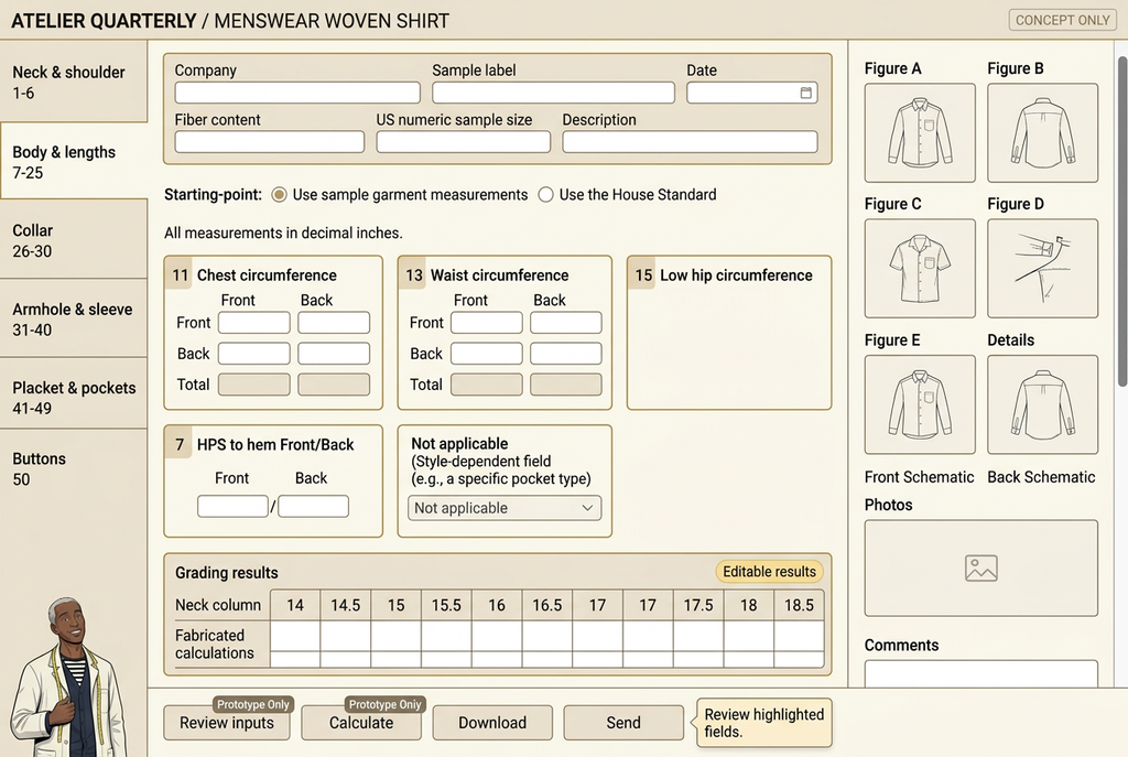 Woven-shirt specification calculator workspace concept